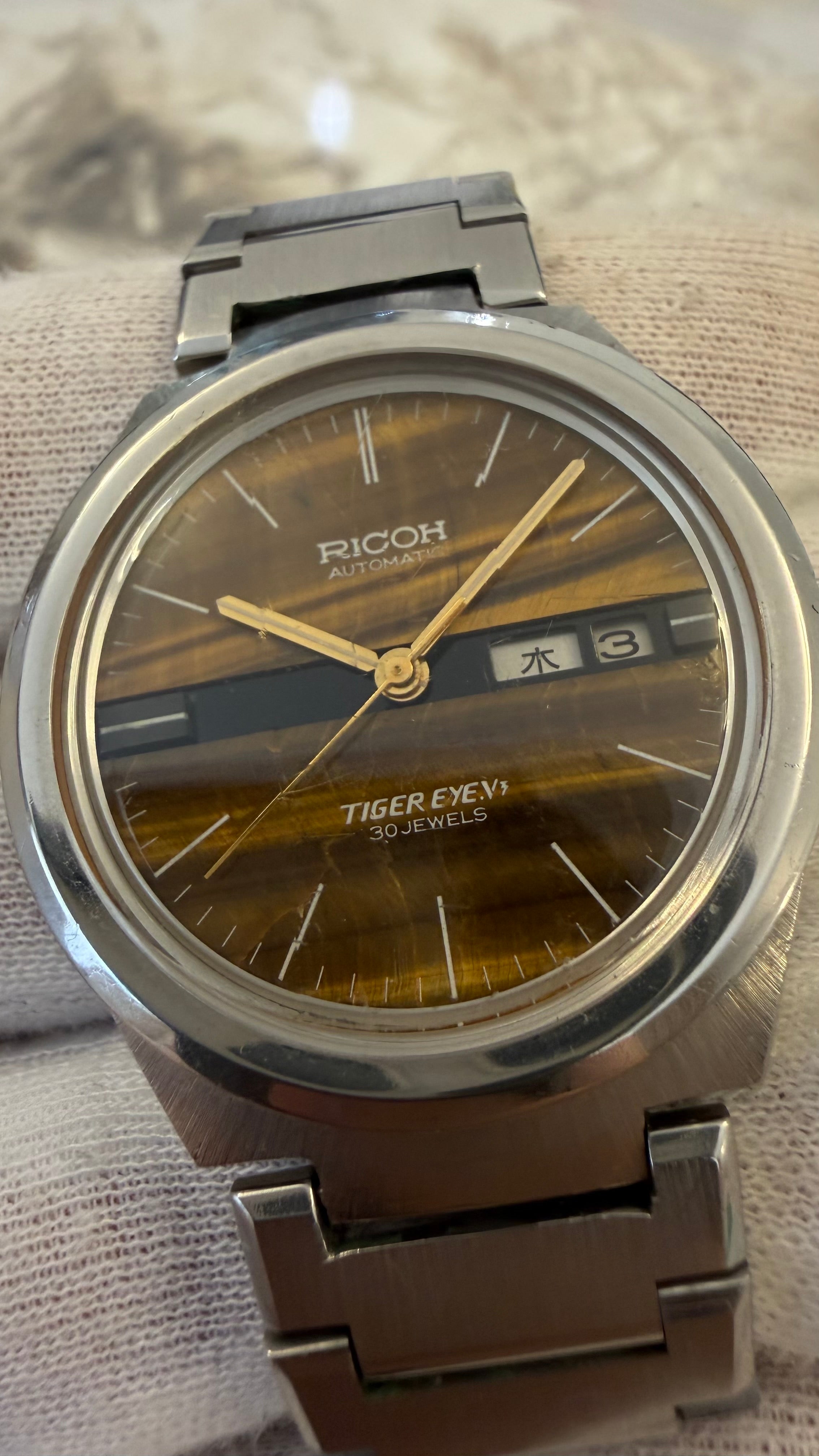 Ricoh Tiger Eye V1 Automatic 30 Jewels – Natural Tiger Eye Stone Dial | Serviced