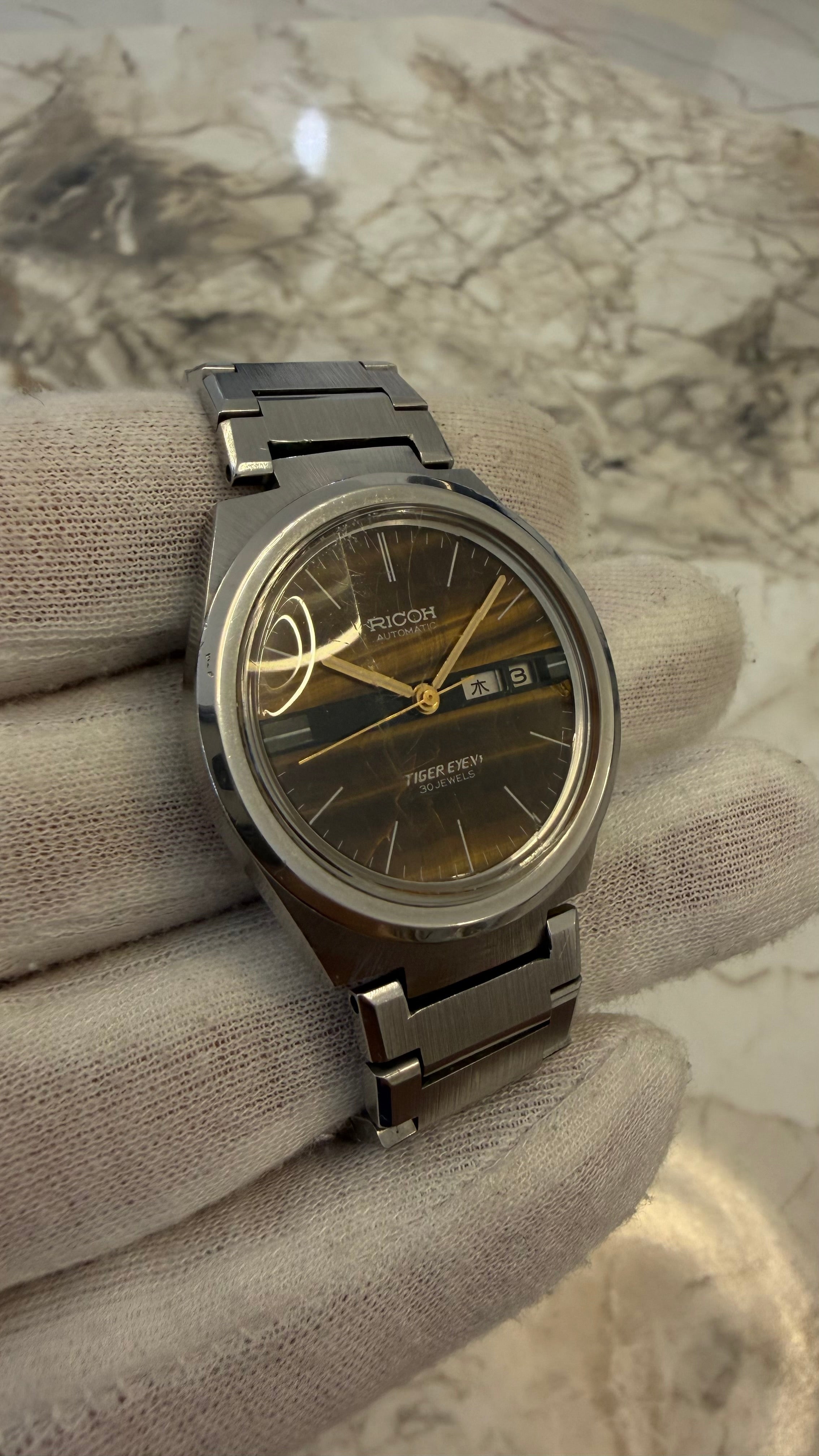 Ricoh Tiger Eye V1 Automatic 30 Jewels – Natural Tiger Eye Stone Dial | Serviced