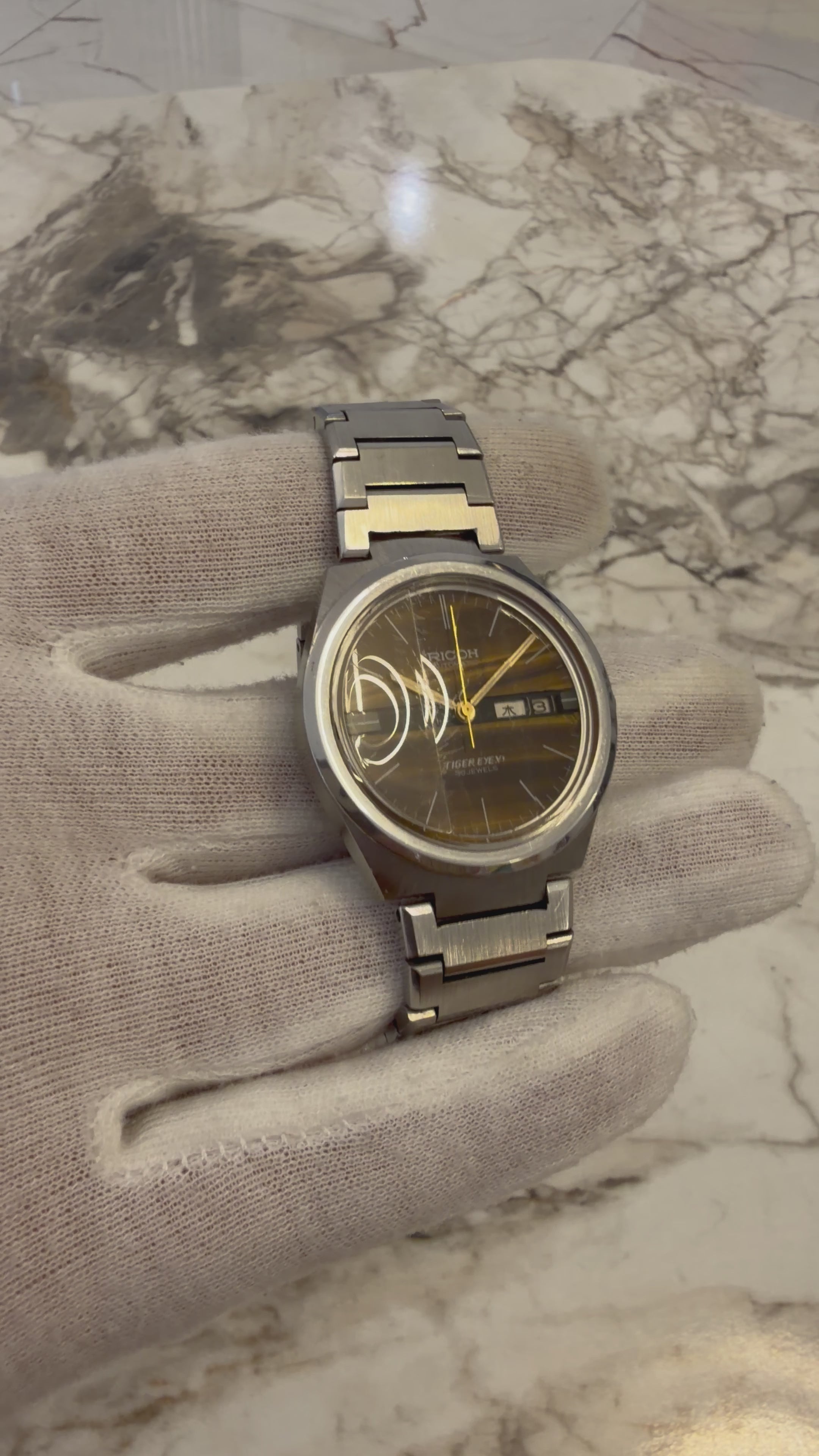 Ricoh Tiger Eye V1 Automatic 30 Jewels – Natural Tiger Eye Stone Dial | Serviced
